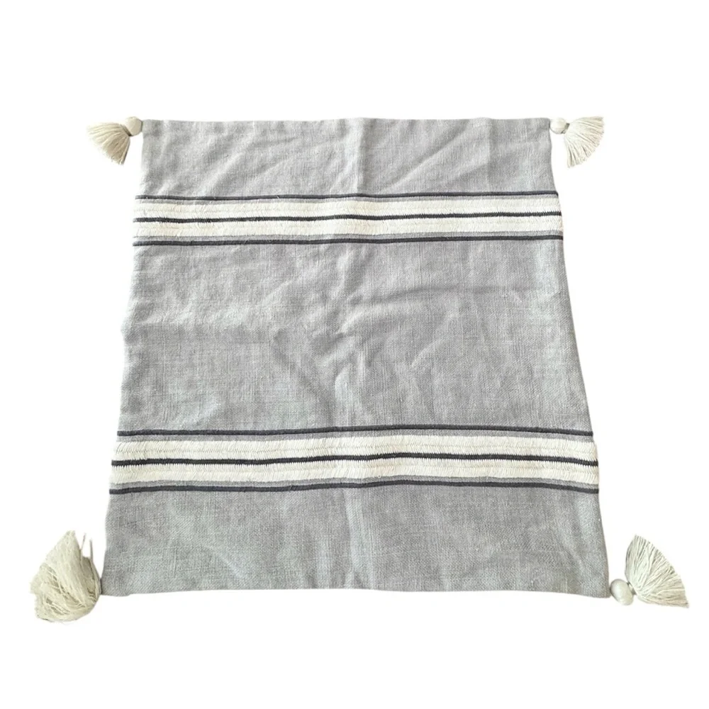 Serena & Lily Addie 100% Linen Stripe Tassel Smoke Grey Pillow Cover 22 x 22‎